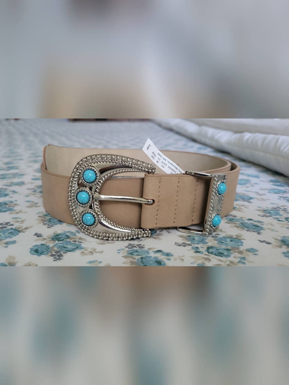 Western Faux Suede Belt Turquoise Buckle Taupe Universal Thread L